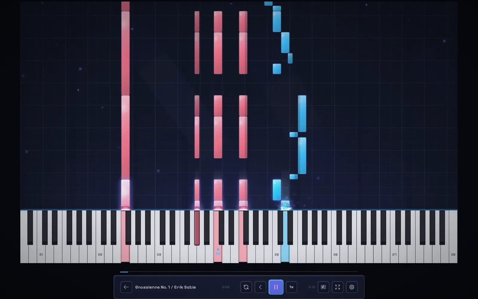 Satie's Gnossienne No. 1 playing: pink and blue note bars fall onto a full piano keyboard, with the playback controls underneath.